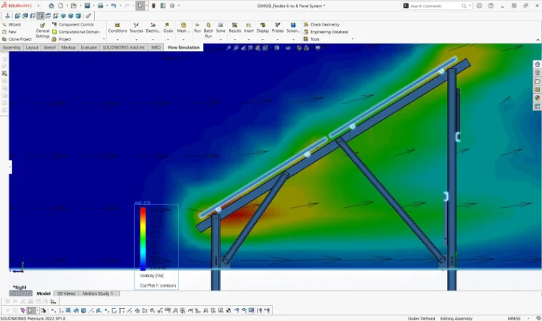 SolidWorks Flow Simulation wind vorticity study on a solar mounting structure