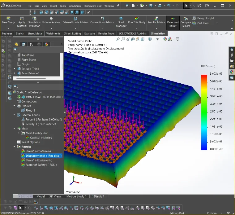 SolidWorks FEA static displacement study on a steel pallet structure